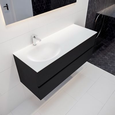 Mondiaz Vica Moon badmeubel zwart mat 120 cm 2 lades solid surface enkele spoelbak links 1 kraangat