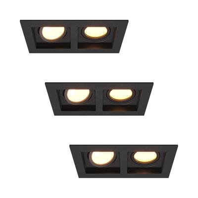 Set van 3 Fresno Dubbele Inbouwspots - Rechthoek - 2x GU10 - 2700K Warm wit - 8 watt 690 lumen - Kantelbaar - IP20 stofdicht - Zwart