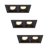 Set van 3 Fresno Dubbele Inbouwspots - Rechthoek - 2x GU10 - 2700K Warm wit - 8 watt 690 lumen - Kantelbaar - IP20 stofdicht - Zwart