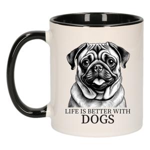 Cadeau mok voor honden liefhebbers - Mopshondje - zwart oor - pentekening - keramiek - 300 ml