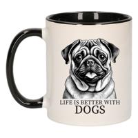 Cadeau mok voor honden liefhebbers - Mopshondje - zwart oor - pentekening - keramiek - 300 ml