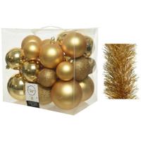 Kerstversiering kunststof kerstballen 6-8-10 cm met folieslingers pakket goud van 28x stuks - Kerstbal - thumbnail