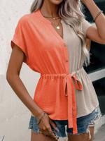 Color Block Casual V Neck Loose Blouse