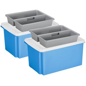 Sunware 2x opslagbox kunststof 51 liter blauw 59 x 39 x 29 cm met deksel en organiser tray