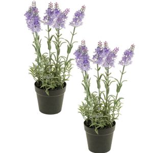 Set van 2x stuks lila paarse lavendel Lavandula kunstplanten in kunststof pot 28 cm