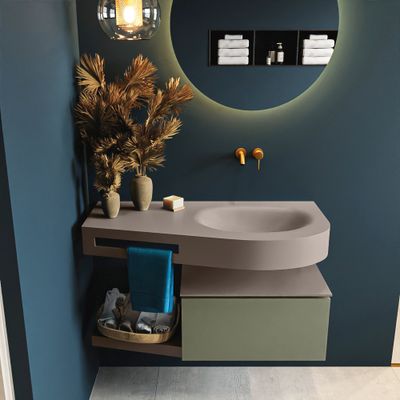 MONDIAZ RIVA 100cm badmeubel onderkast / planchet kleur Army met 1 lade. Wastafel DULCET rechts 0 kraangaten kleur Smoke.