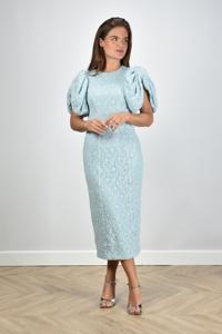 Rotate jurk Lace Midi Fitted met naaddetail en pofmouwen blauw