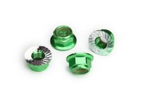 Nuts, 5mm flanged nylon locking (aluminum, green-anodized, serrated) (4) (TRX-8447G)