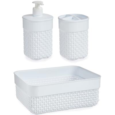 Badkamer accessoires set - 3-delig - wit - kunststof - Mandje - Zeeppompje - Tandenborstelbeker Badkamer accessoires set - 3-delig - wit - kunststof - Mandje - Zeeppompje - Tandenborstelbeker