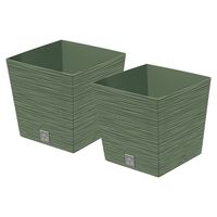 Plantenpot/bloempot Furu Stripes - 2x - voor buiten - kunststof - bosgroen - vierkant - D24 x H23.5