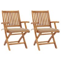 VidaXL Inklapbare stoelen 2 st met beige kussens massief teakhout - thumbnail