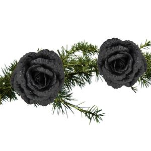 2x stuks kerstboom bloemen op clip zwart glitter 15 cm - Kersthangers