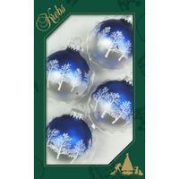 4x stuks luxe glazen kerstballen 7 cm blauw/zilver met bomen - thumbnail