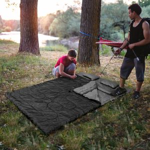 Dubbele Slaapzak 2 Persoons Waterdichte Slaapzak met 2 Kussens en Draagtas voor Kamperen en Reizen Zwart/Blauw 220x150 cm