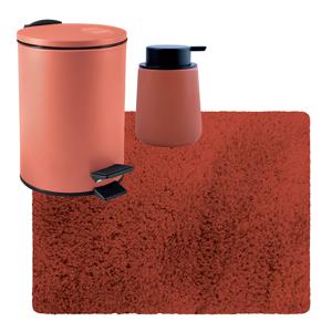 MSV badkamer droogloop tapijt langharig 50x70 cm - pedaalemmer 3L - zeeppompje 300 ml - terracotta - Badmatjes