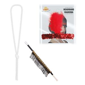 Carnaval verkleed accessoire set - sigarettenhouder/parelketting/hoofdband - charleston/jaren 20