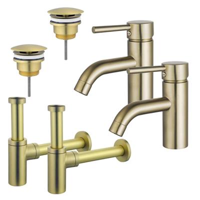 Fortifura Calvi Wastafelkraanset - voor dubbele wastafel - lage wastafelkraan - always open plug - design sifon - Geborsteld Messing PVD (Goud) 2x SW720547/2x SW696208/2x SW696213