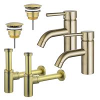 Fortifura Calvi Wastafelkraanset - voor dubbele wastafel - lage wastafelkraan - always open plug - design sifon - Geborsteld Messing PVD (Goud) 2x SW720547/2x SW696208/2x SW696213