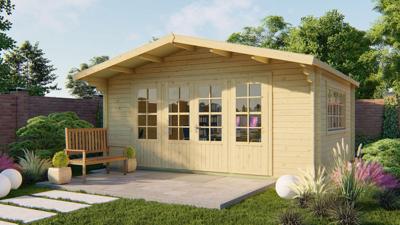 Tuindeco Newcastle Blokhut 540x440 cm + luifel 90 cm 58 mm vuren blank- Zadeldak- Onbehandeld vurenhout- Tuindeco