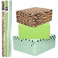 6x Rollen kraft inpakpapier/folie pakket - panterprint/groen/mintgroen zilver stippen 200 x 70 cm - Cadeaupapier