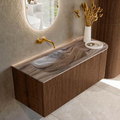 Badmeubel Mondiaz Kurve-Dlux | 115 cm | Meubelkleur Walnut | Wastafelkleur Sombra | Solid surface | Wasbak linker zijde spoelbak | Zonder kraangat(en)