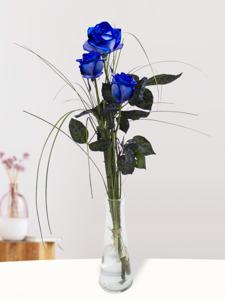 Drie blauwe rozen, inclusief vaasje