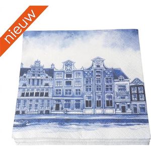 Heinen Delfts Blauw - Servetten - Grachtenpanden - Papier - 17 x 17 cm