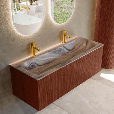Badmeubel Mondiaz Kurve-Dlux | 120 cm | Meubelkleur Ruby | Wastafelkleur Sombra | Solid surface | Wasbak midden spoelbak | 2 kraangaten