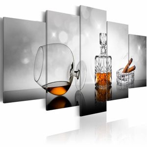 Schilderij - Whisky en sigaar, 5 luik, Bruin/Grijs, 2 maten, Premium print