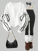 Bon&Bon Women's Striped Bow Decor Sweatshirt | Loose Casual Pullover White / M