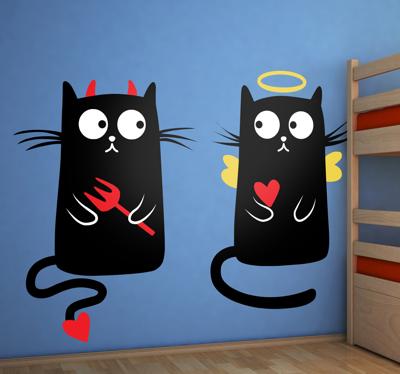 Sticker kinderkamer duivel en engel kat