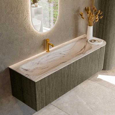 Badmeubel Mondiaz Kurve-Dlux | 145 cm | Meubelkleur Shadow | Wastafelkleur Nata | Solid surface | Wasbak linker zijde spoelbak | 1 kraangat