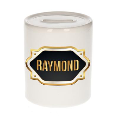 Spaarpot met voornaam Raymond - wit - goud/zwart embleem - 8 x 9 cm - keramiek - afsluitdop Spaarpot met voornaam Raymond - wit - goud/zwart embleem - 8 x 9 cm - keramiek - afsluitdop