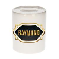 Spaarpot met voornaam Raymond - wit - goud/zwart embleem - 8 x 9 cm - keramiek - afsluitdop