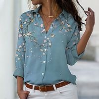 Dames Overhemd Blouse Bloemig nappi Afdrukken Casual Feestdagen Elegant Vintage Modieus Lange mouw Overhemdkraag blauw Lente Herfst Lightinthebox