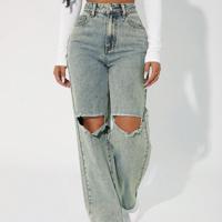 Petite High Waist Straight Leg Mom Jeans - Dark Wash Distressed Denim Multicolor-4 / Petite XS