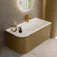 Badmeubel Mondiaz Kurve-Dlux | 95 cm cm | Meubelkleur Dusk | Wastafelkleur Opalo | Solid surface | Wasbak rechter zijde spoelbak | 1 kraangat