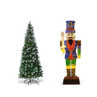Kerstboom 180 cm van Hoogwaardig PVC en Verlicht 3D-kerstsoldaatje Besneeuwde Kerstboom en Voorverlicht Kerstsoldaatje