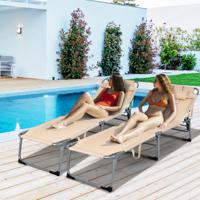 Zonneligstoel met Hoofdsteun Inklapbare Ligstoel Strandstoel met 5 Verstelbare Rugleuning (Beige) - thumbnail