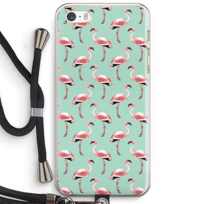 Flamingoprint groen: iPhone 5 / 5S / SE Transparant Hoesje met koord