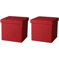 Poef/hocker - 2x - opbergbox zit krukje - rood - linnen/mdf - 37 x 37 cm - opvouwbaar