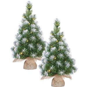 2x stuks kunst kerstboom/kunstboom in jute zak met verlichting en sneeuw 60 cm