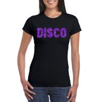 Verkleed T-shirt voor dames - disco - zwart - paars glitter - jaren 70/80 - carnaval/themafeest - thumbnail
