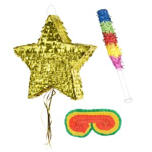 Verjaardag Pinata Ster goud van 44 x 42 cm - set met stok en masker