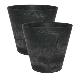 2x stuks plantenpot/bloempot in een natuursteen look Dia 17 cm en Hoogte 15 cm zwart