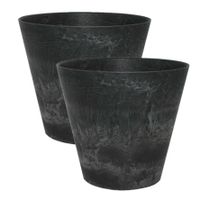 2x stuks plantenpot/bloempot in een natuursteen look Dia 17 cm en Hoogte 15 cm zwart