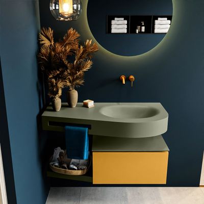 MONDIAZ RIVA 100cm badmeubel onderkast / planchet kleur Ocher met 1 lade. Wastafel DULCET rechts 0 kraangaten kleur Army. MONDIAZ RIVA 100cm badmeubel onderkast / planchet kleur Ocher met 1 lade. Wastafel DULCET rechts 0 kraangaten kleur Army.