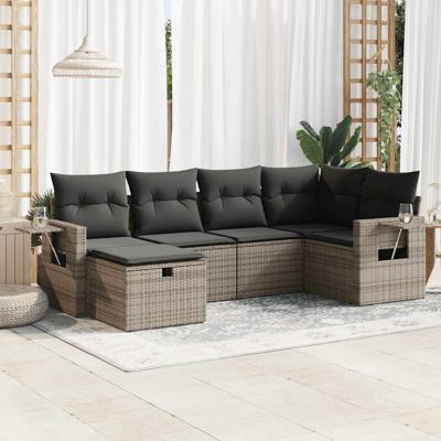 6-delige Loungeset met kussens poly rattan grijs