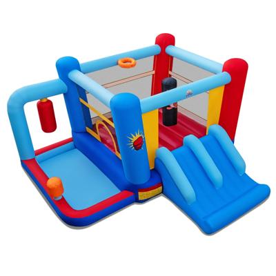 Springkasteel Opblaasbare Structuur voor Kinderen met Bokszakken Ballenbak Basketbalring Dubbele Glijbanen en Ventilator van 550 W