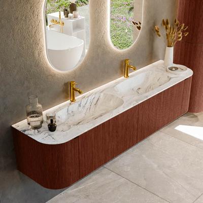 Badmeubel Mondiaz Kurve-Dlux | 190 cm cm | Meubelkleur Ruby | Wastafelkleur Glace | Solid surface | Wasbak beiden zijden spoelbak | 2 kraangaten